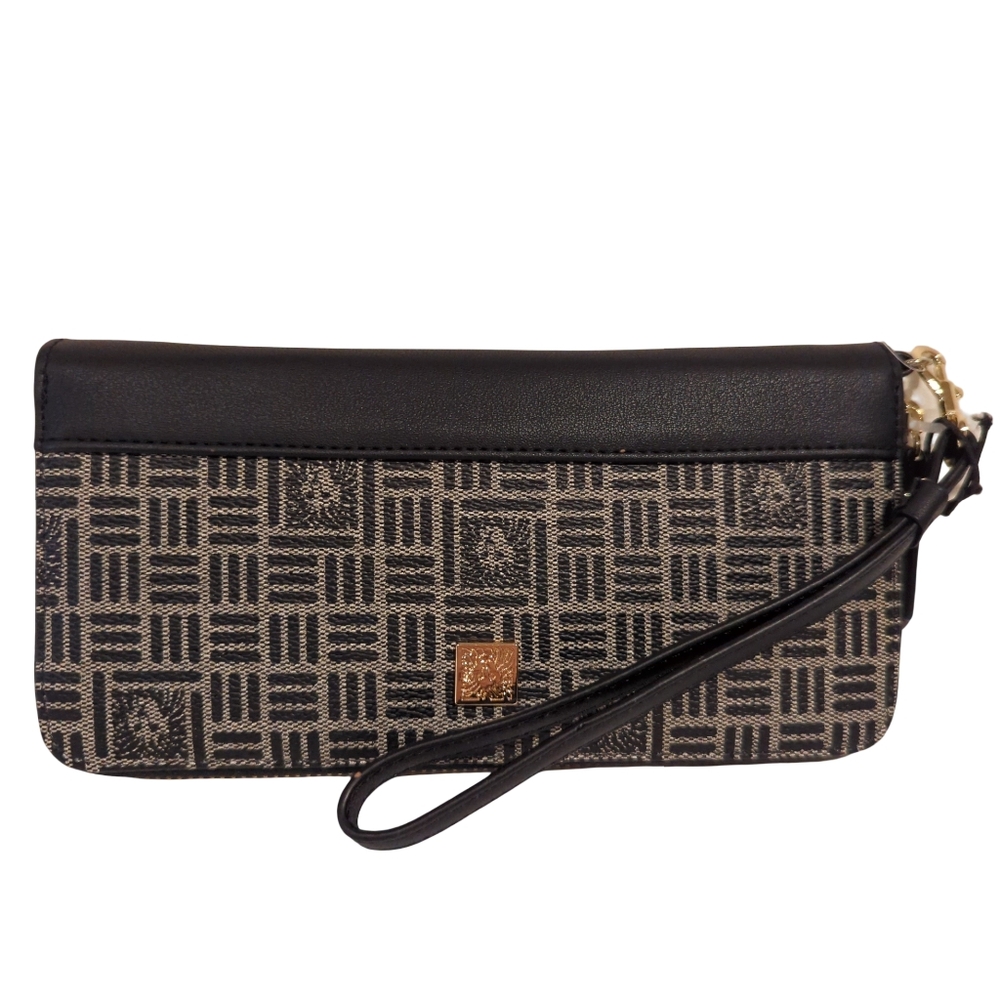 NWT Anne Klein Lion Logo Zip Around Wristlet Wallet In Black And Beige